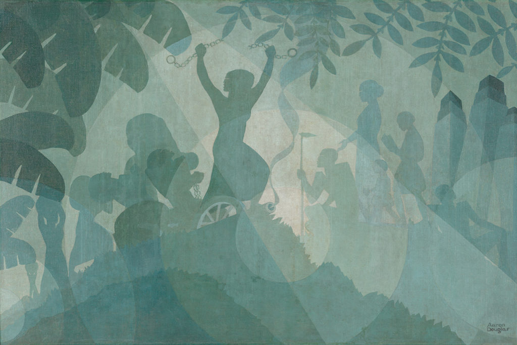 Image is an oil on canvas painting of a figure breaking shackles