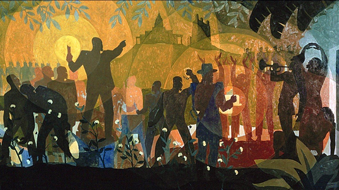 Image is an oil painting that is part of a series showing the transition from slavery to reconstruction