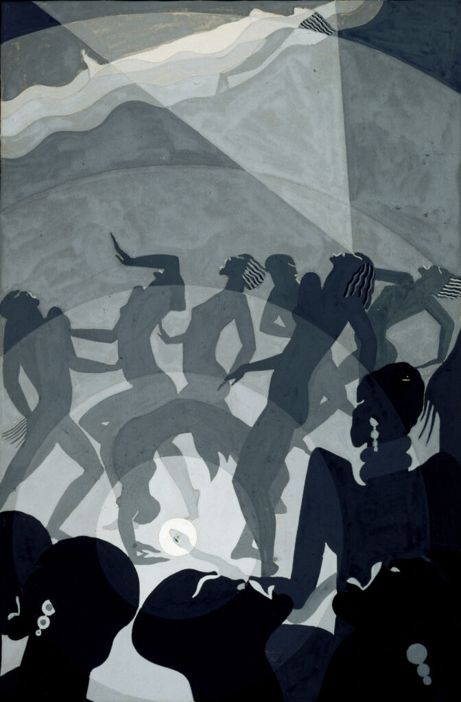 Image is gouache and pencil of figures showing movements and dancing