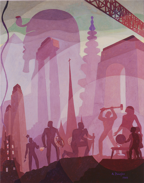 Image is an oil painting called Building Stately Mansions